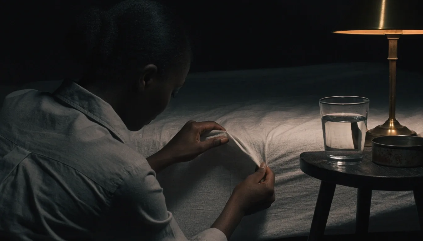 A dimmed bedside table with a glass of water and a small tin under one warm lamp at night