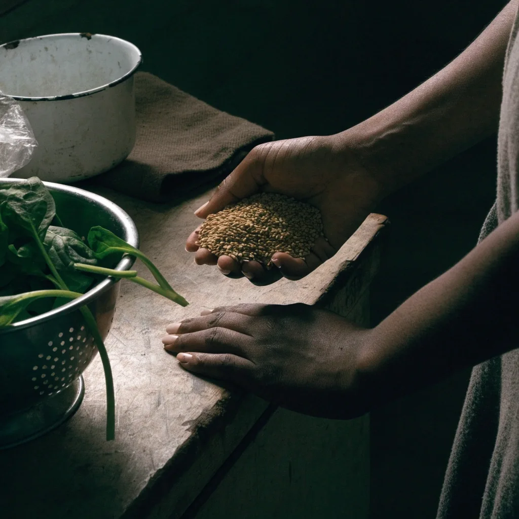 Dry sorghum grain and fresh spinach in a shallow bowl under warm light