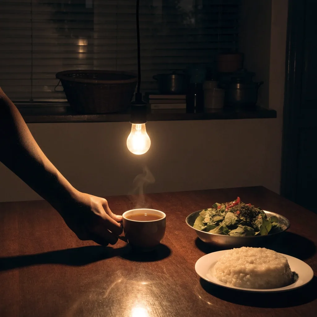 Hands writing a note on a blank page beside a cup of tea at a night kitchen table