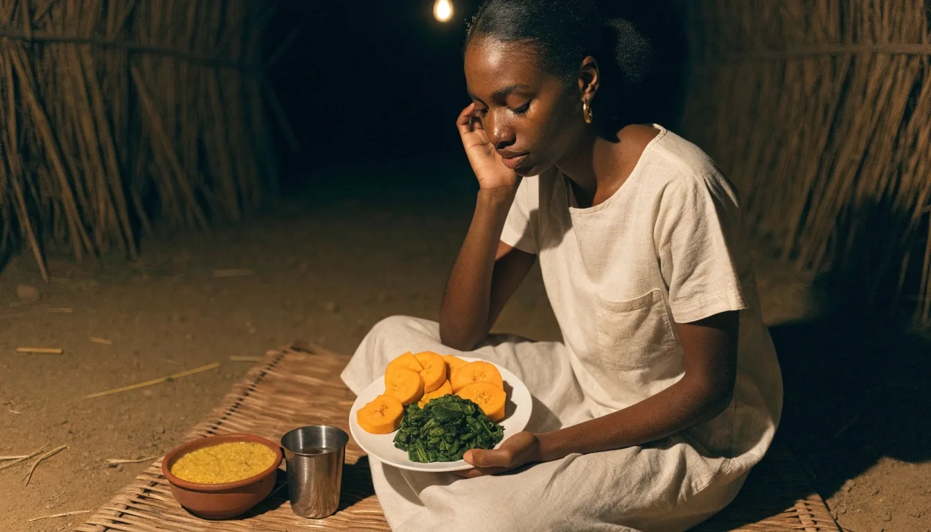 A nutritionist's consult desk under a warm lamp at night in Francistown