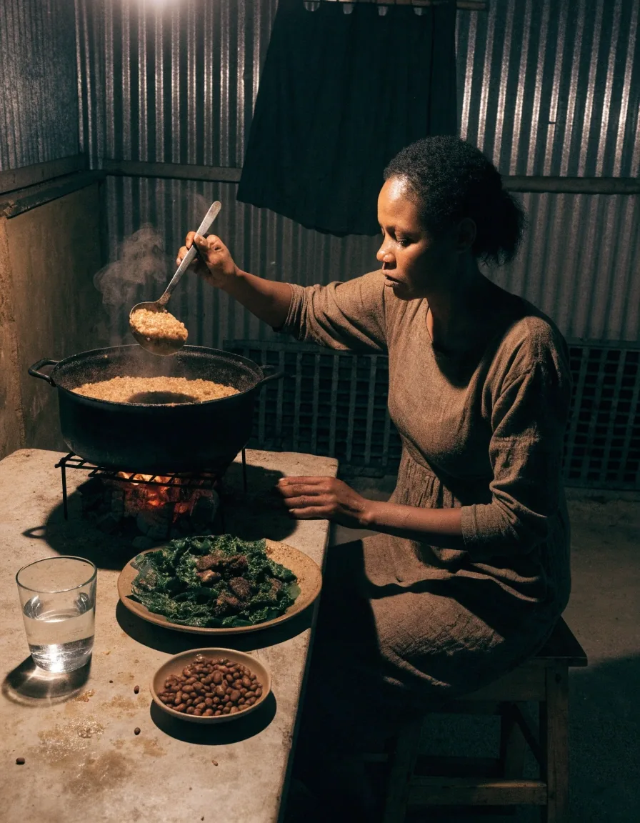 A bowl of sorghum, fresh morogo and dried beans on a Botswana kitchen counter at night, lit by one warm lamp