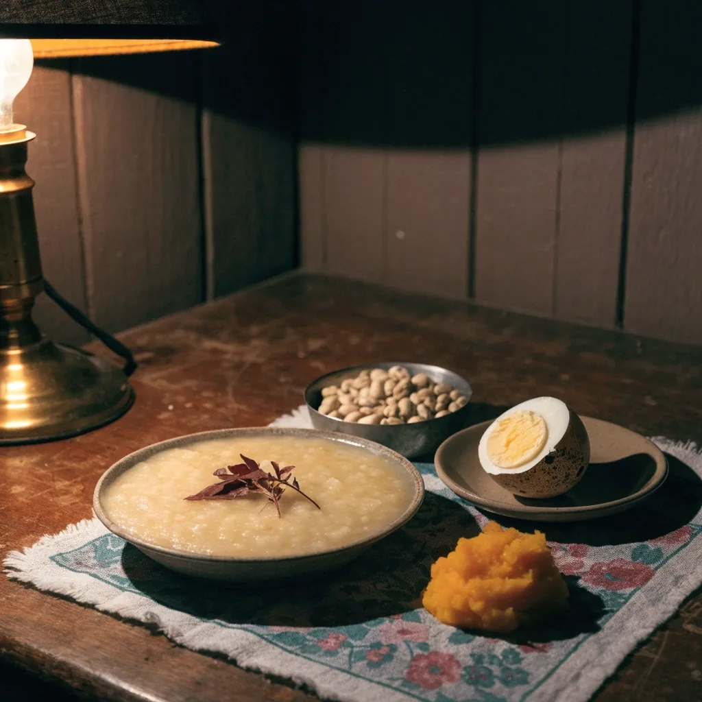A small child's meal of porridge, mashed pumpkin, groundnuts and an egg on a dark counter