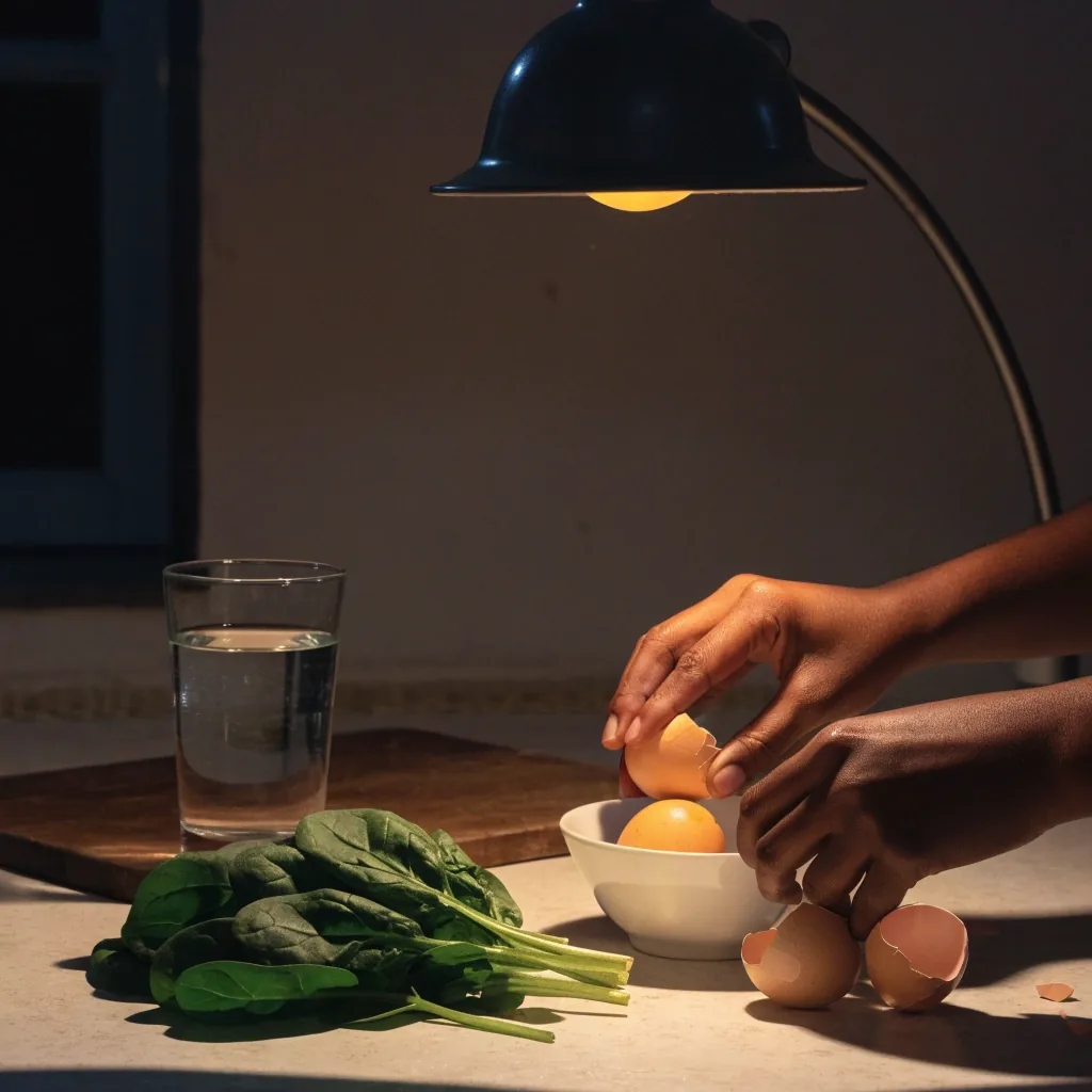 Two eggs on a dark surface beside a sprig of greens