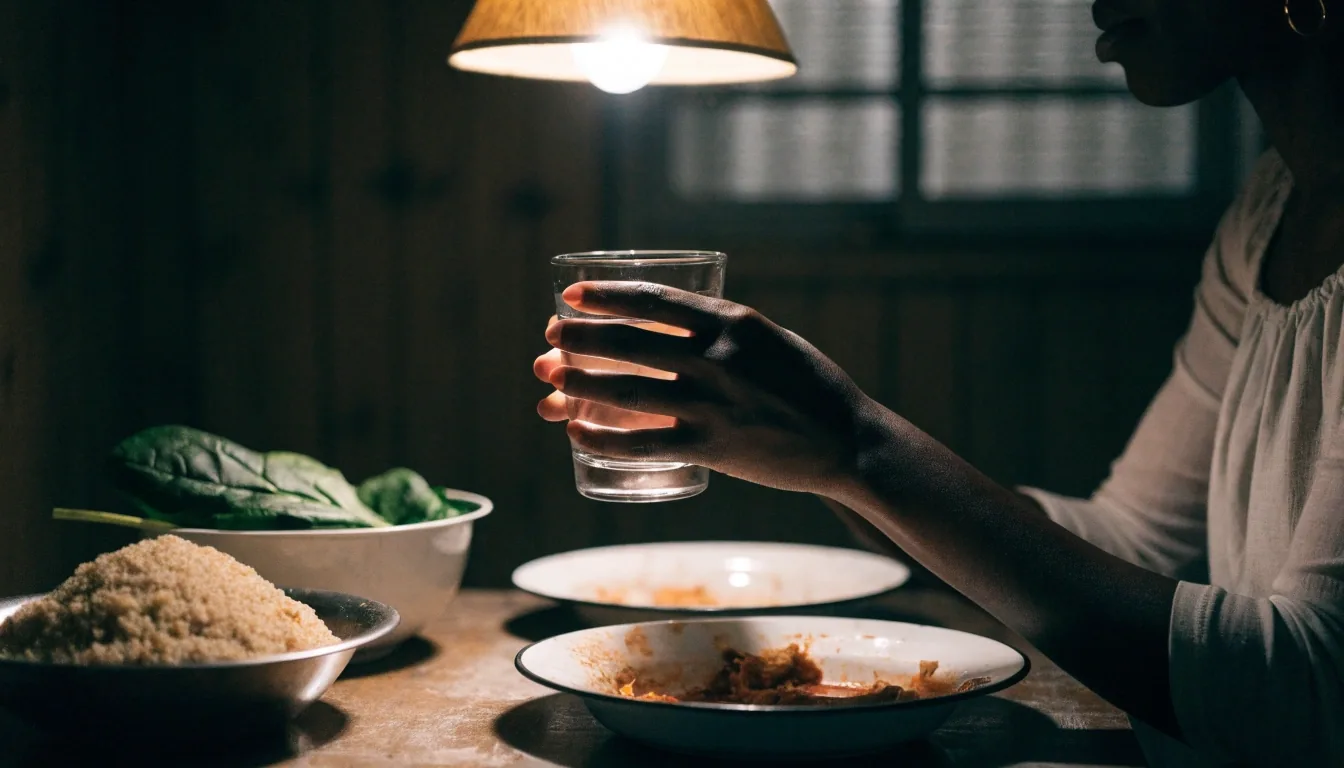 A kitchen table after the evening meal in a dark Botswana home, lit only by one warm lamp