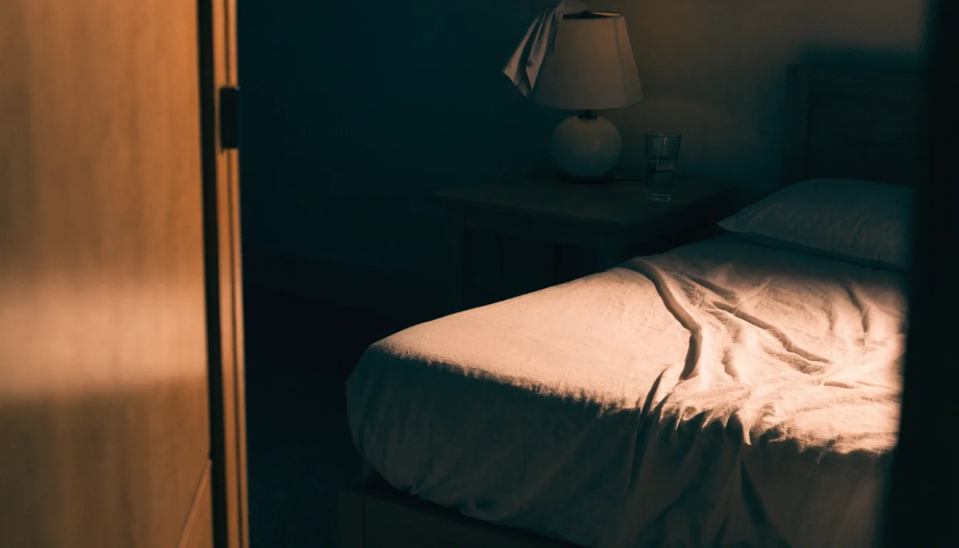 A dimly lit Botswana bedroom at night with a bedside table, water glass and a lamp turned low