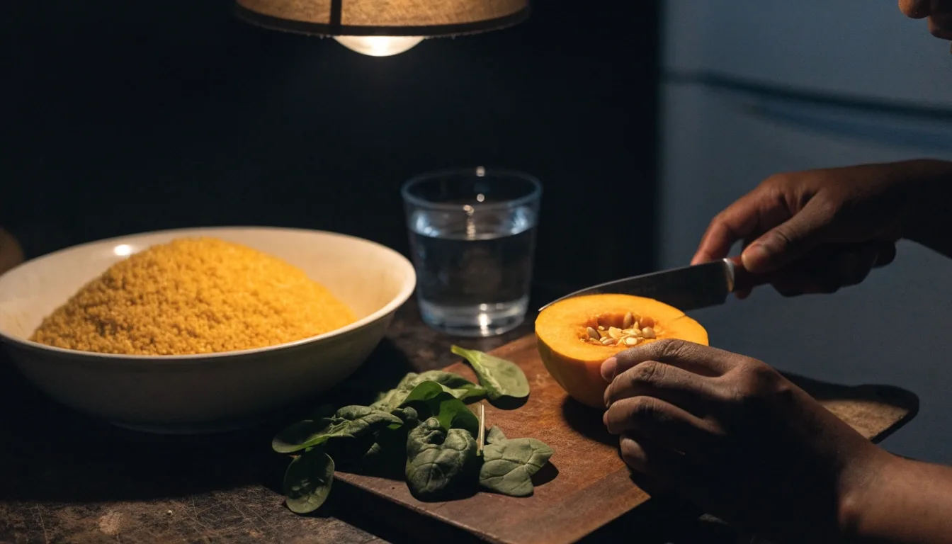 A night-time desk in a Botswana home with a glass of water, a bowl of sorghum grain and fresh greens under a single warm lamp